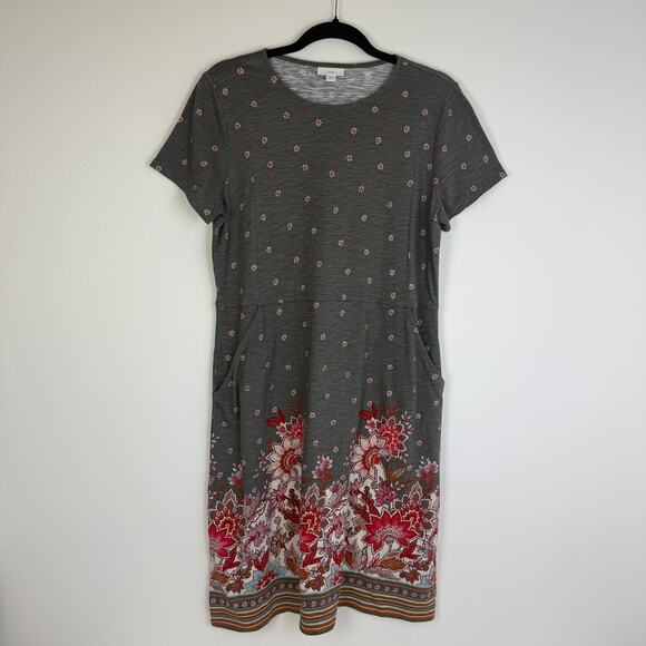 J. Jill Womens Caraway Sheath Short Sleeve Floral Pockets Grey/Red Dress Medium - Picture 1 of 9